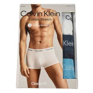 CALVIN KLEIN 3 Pack Classic Fit Cotton Stretch Low Rise Trunk Navy Aqua White